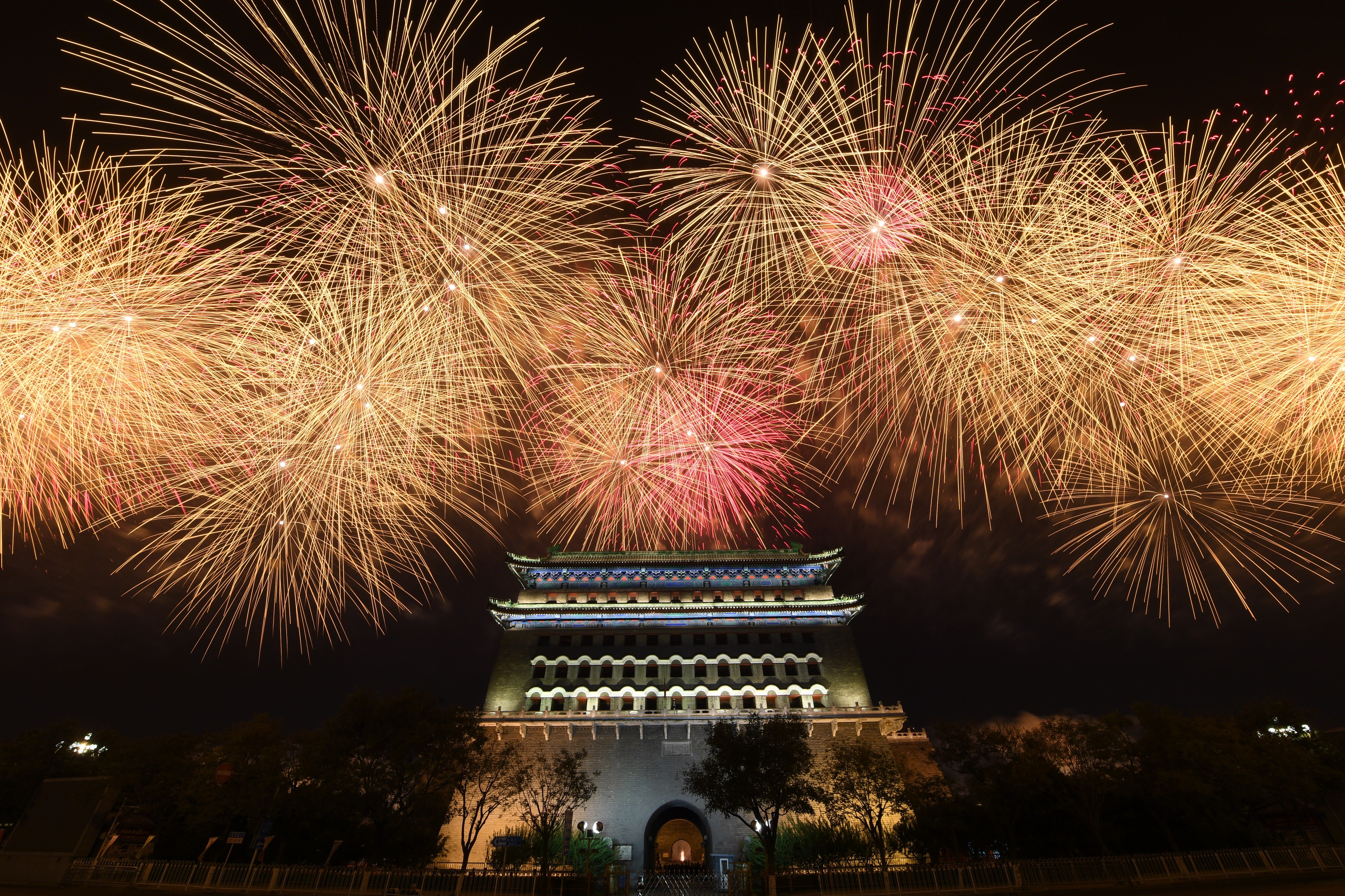 Fireworks light up the night sky during a gala show in Beijing on Tuesday. Photo: Xinhua