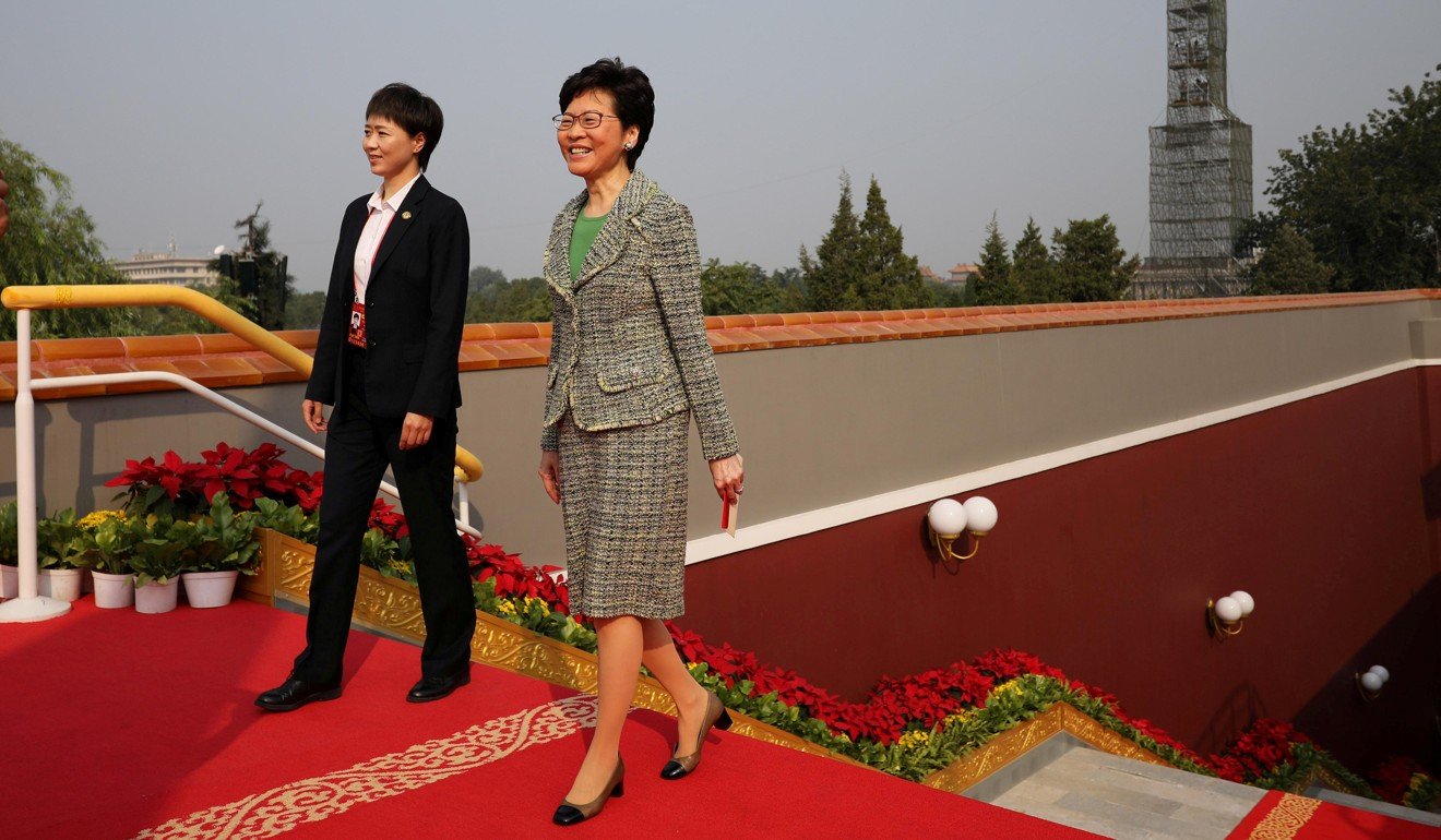 Hong Kong Chief Executive Carrie Lam arrives before the military parade in Beijing. Photo: Reuters