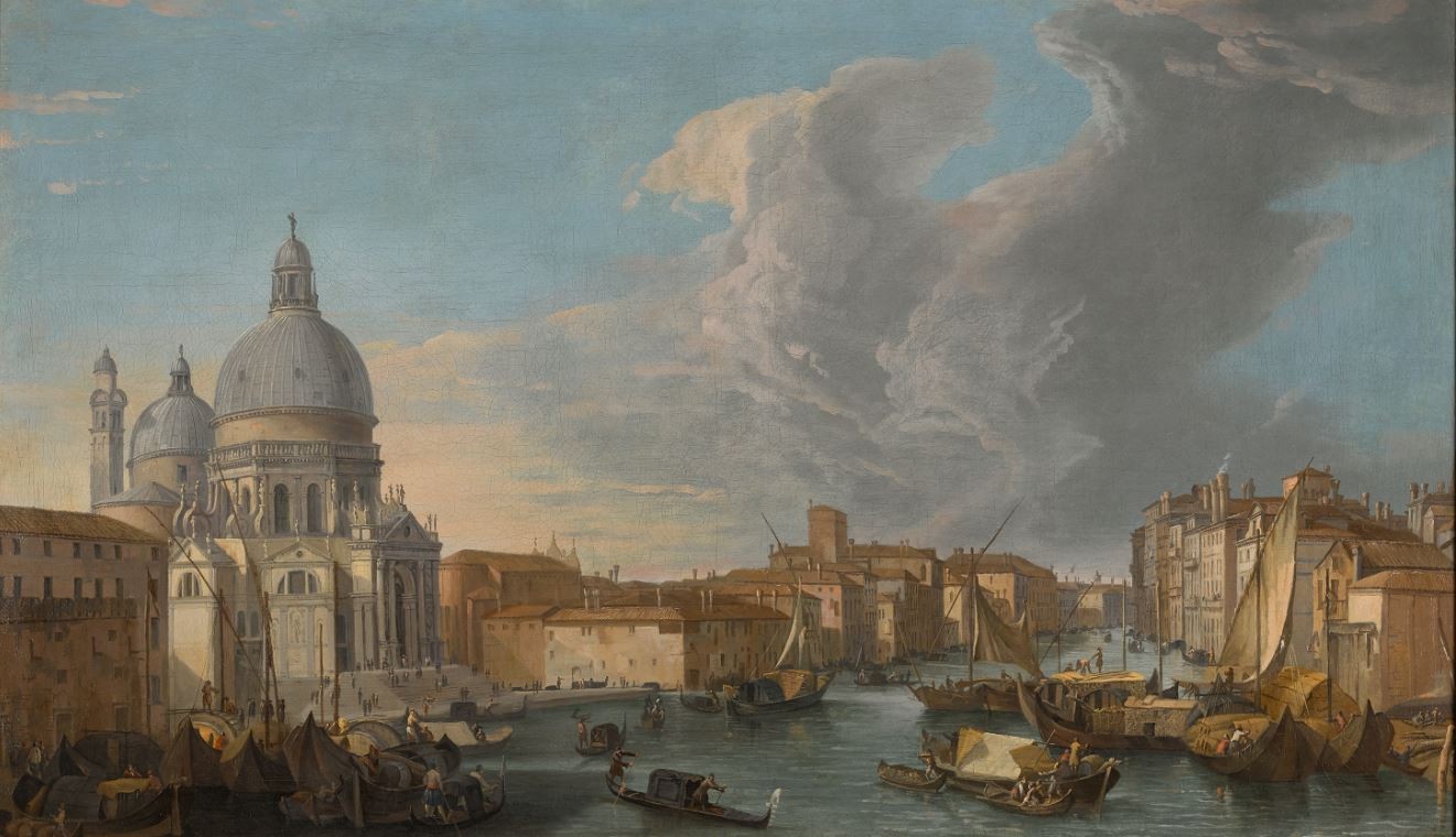 Venice as painted by Luca Carlevarijs, with a view of the Grand Canal with the Church of Santa Maria della Salute.