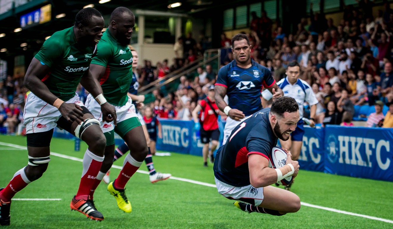 Conor Hartley diving for a try against Kenya back in 2017. Photo: Ike Li