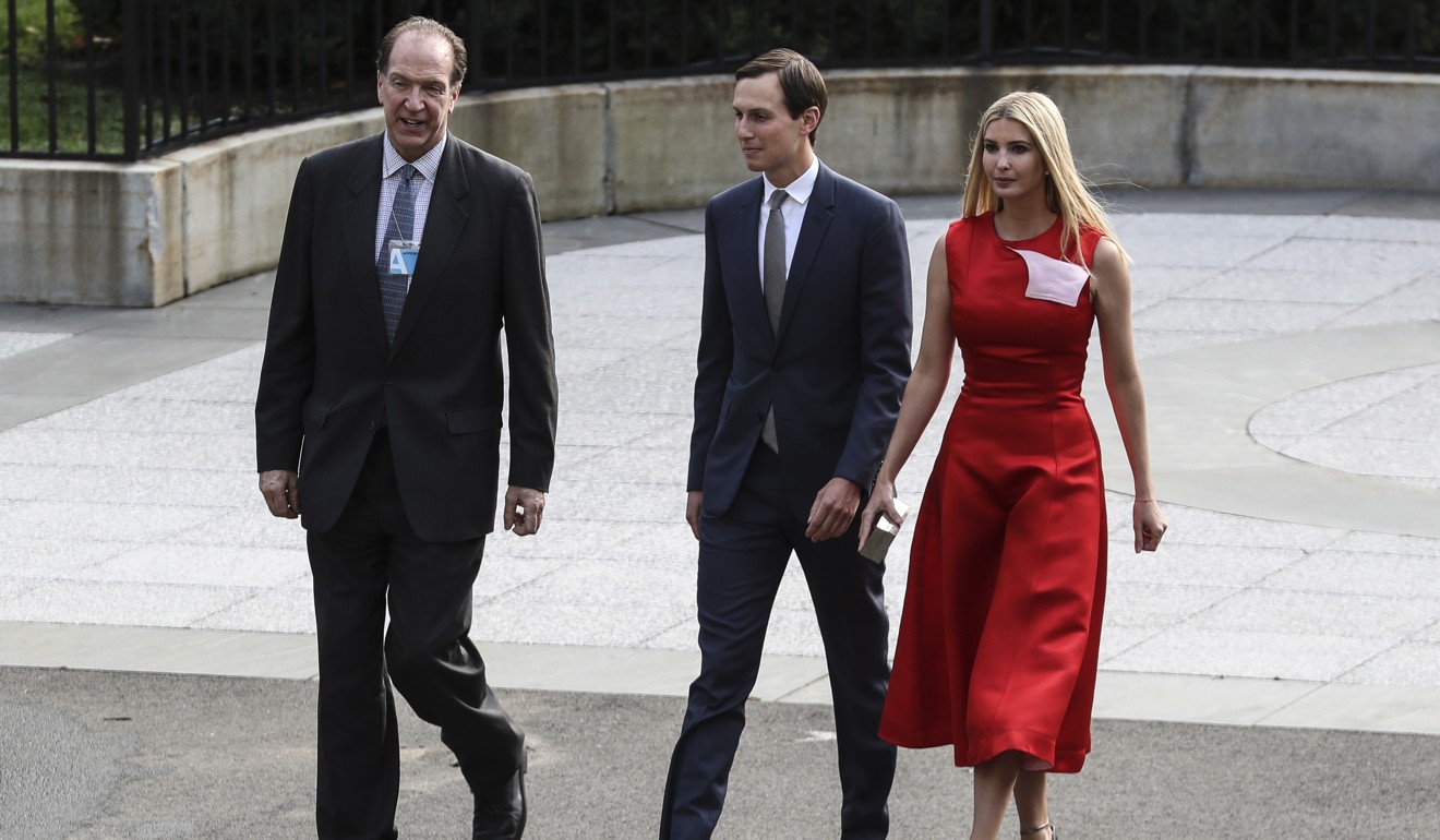 World Bank President David Malpass (left) walks with Jared Kushner and Ivanka Trump to a dinner hosted by the US Treasury secretary in Washington in July. Before Malpass assumed office in April, Kristalina Georgieva served as acting president for two months. Photo: EPA-EFE