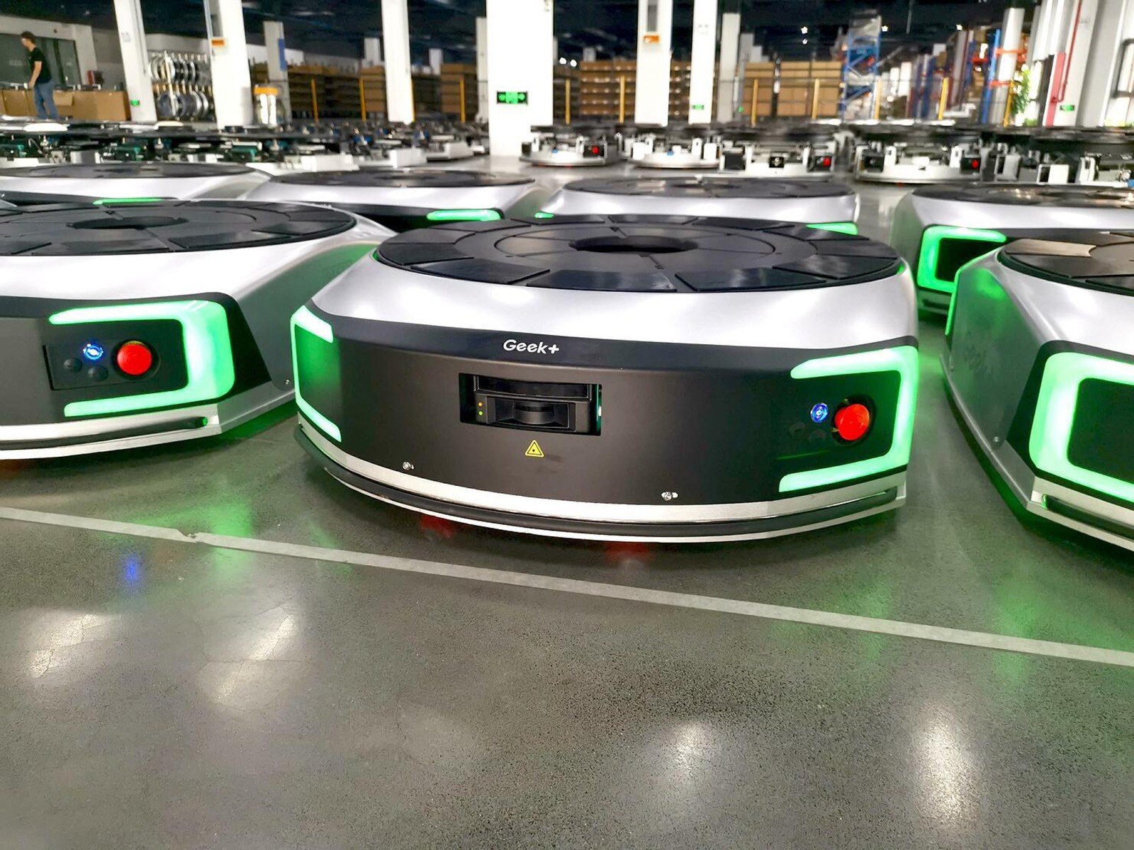 Logistics robots from Geek+ Technology are seen at the company’s factory in Nanjing, capital of the eastern coastal province of Jiangsu. These moving systems are deployed to carry shelves for inventory management in modern automated warehouses. Photo: Handout