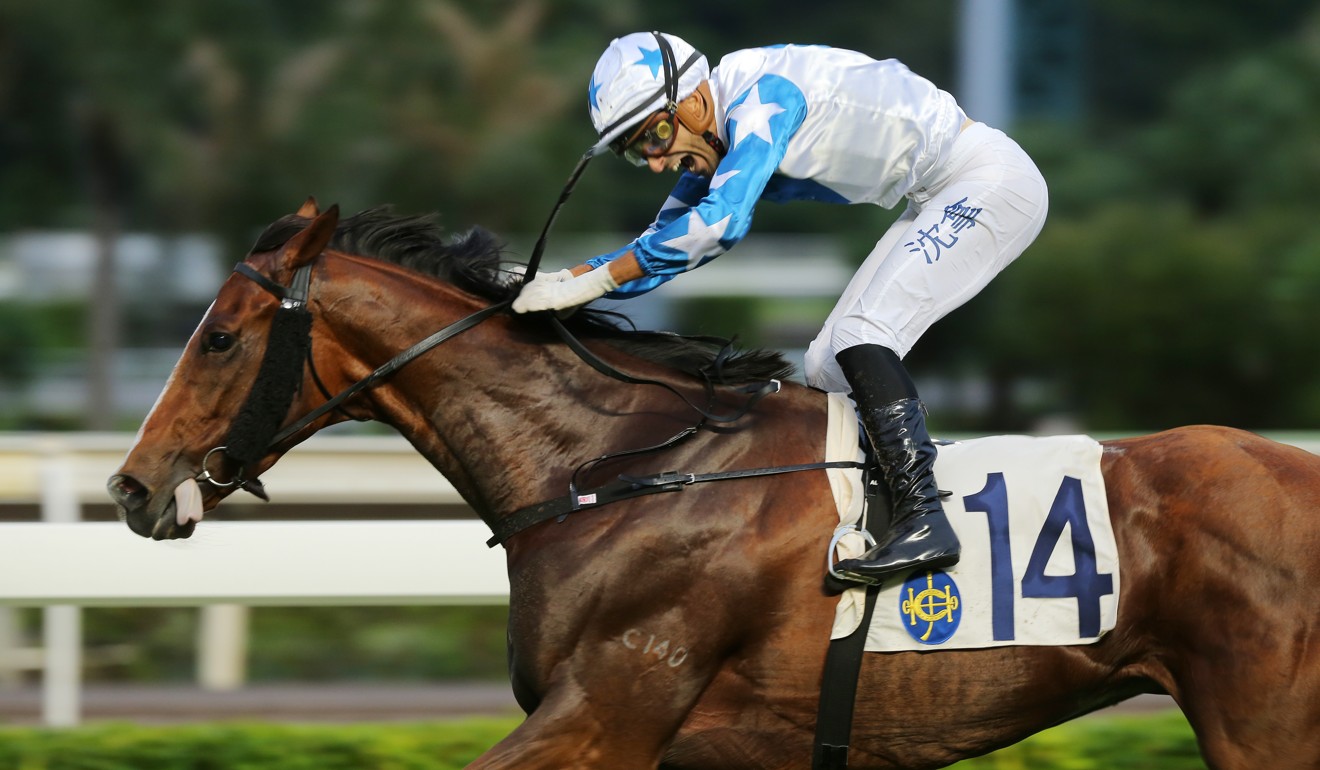 Alberto Sanna screams in delight after winning aboard Uncle Steve at Sha Tin on Sunday.