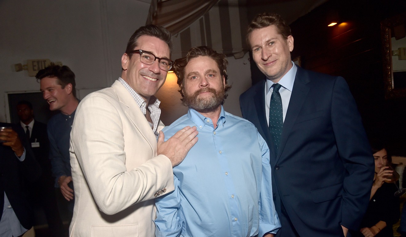 From left: Jon Hamm, Galifianakis and Scott Aukerman attend the after party for the premiere of Netflix’s Between Two Ferns: The Movie. Photo: Alberto E. Rodriguez/Getty Images/AFP