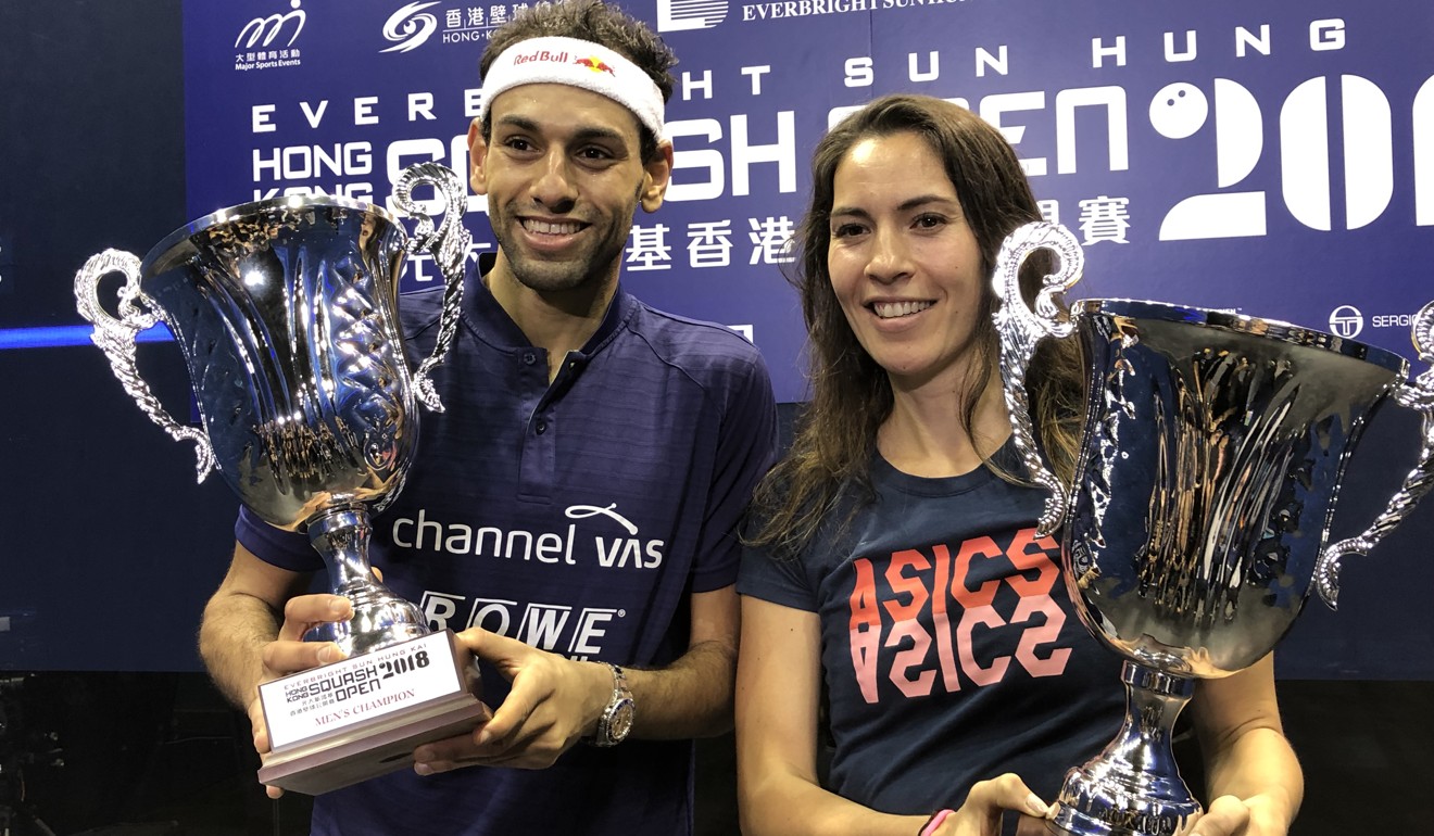 2018 Hong Kong Squash Open champions Mohamed Elshorbagy, of Egypt, and New Zealand’s Joelle King at the prize presentation. Photo: Handout