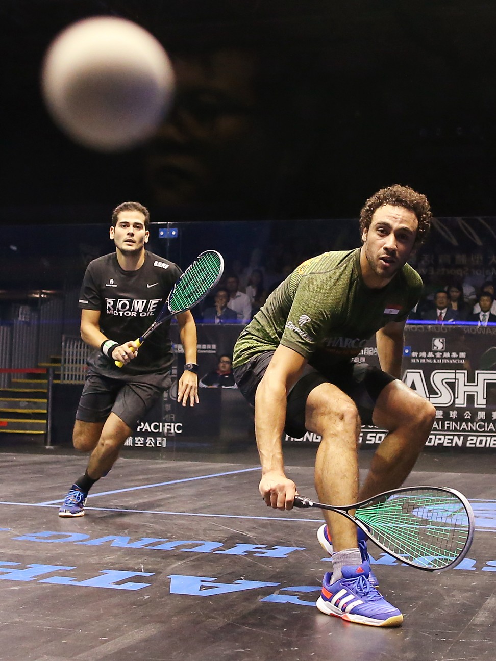 Ramy Ashour (front) and fellow Egyptian Karim Abdel Gawad in action at the 2016 Hong Kong Squash Open. Photo: Dickson Lee