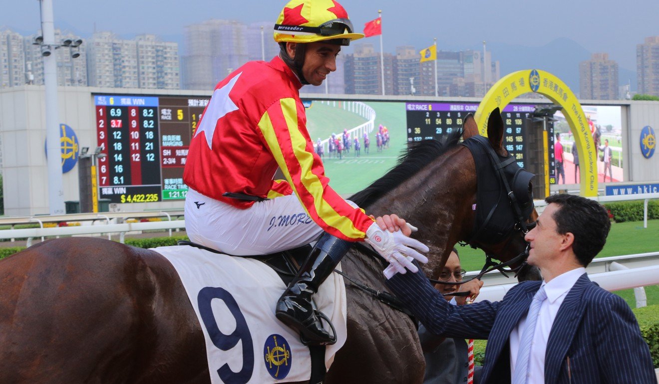 Trainer Douglas Whyte shakes Joao Moreira’s hand after Relentless Me’s win.