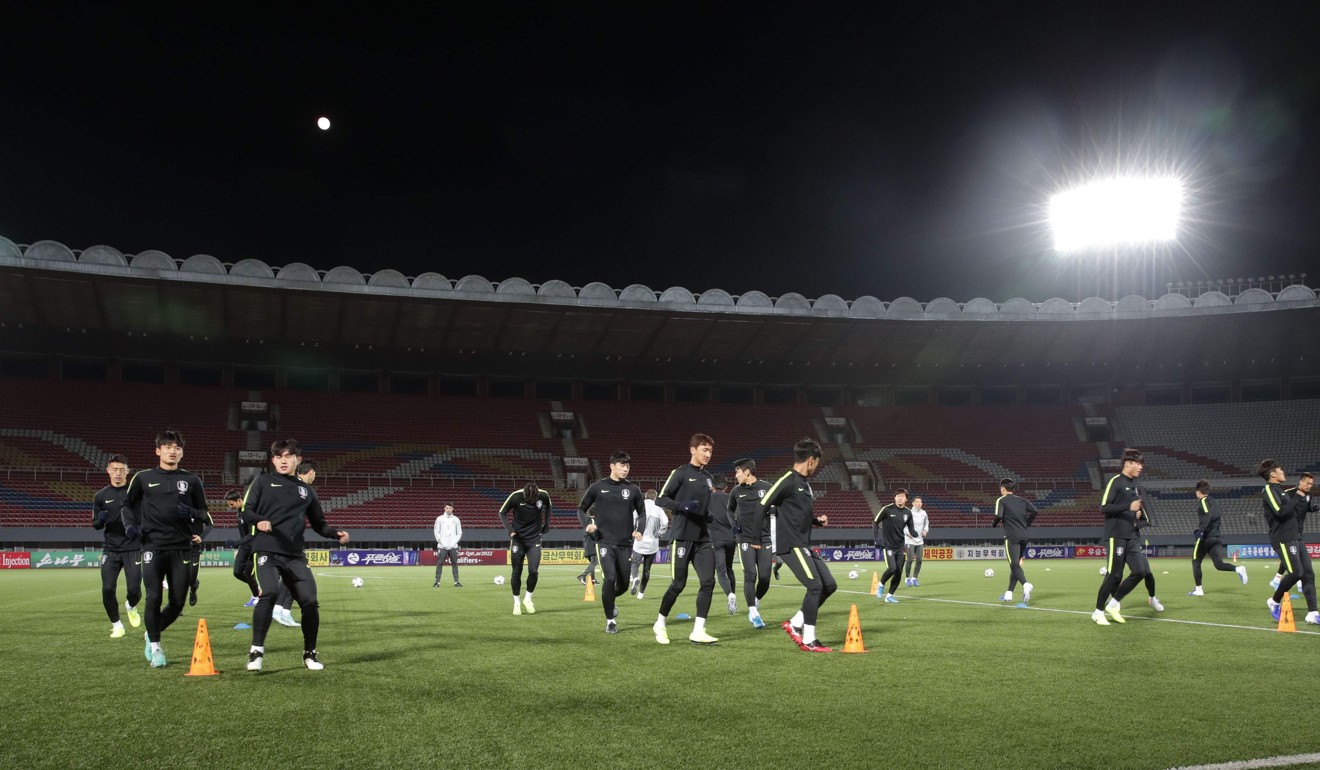South Korean national football team players train in Pyongyang. Photo: AFP