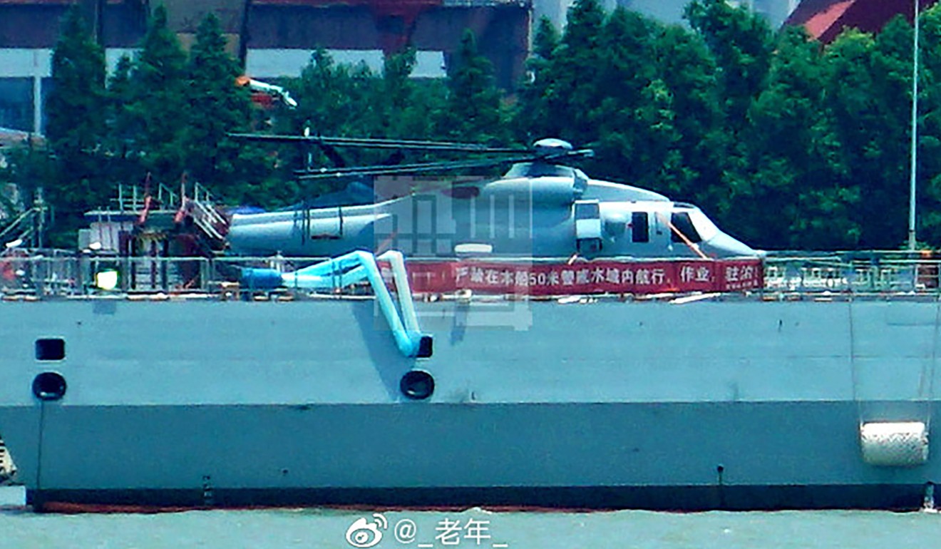 The naval variant of China’s Z-20 helicopter aboard a destroyer during the summer. Photo: Weibo