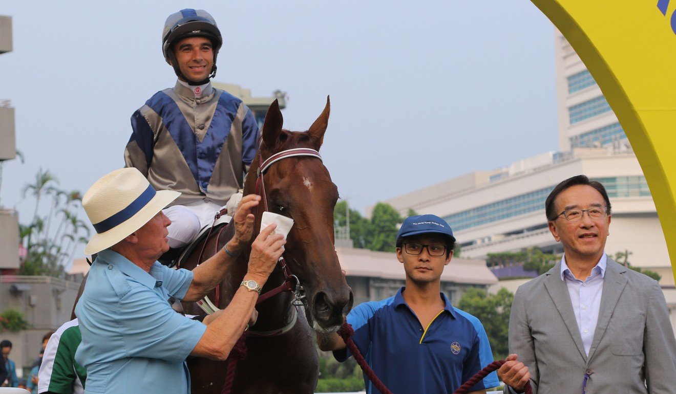 John Moore tends to Aethero after his win at Sha Tin on Saturday.