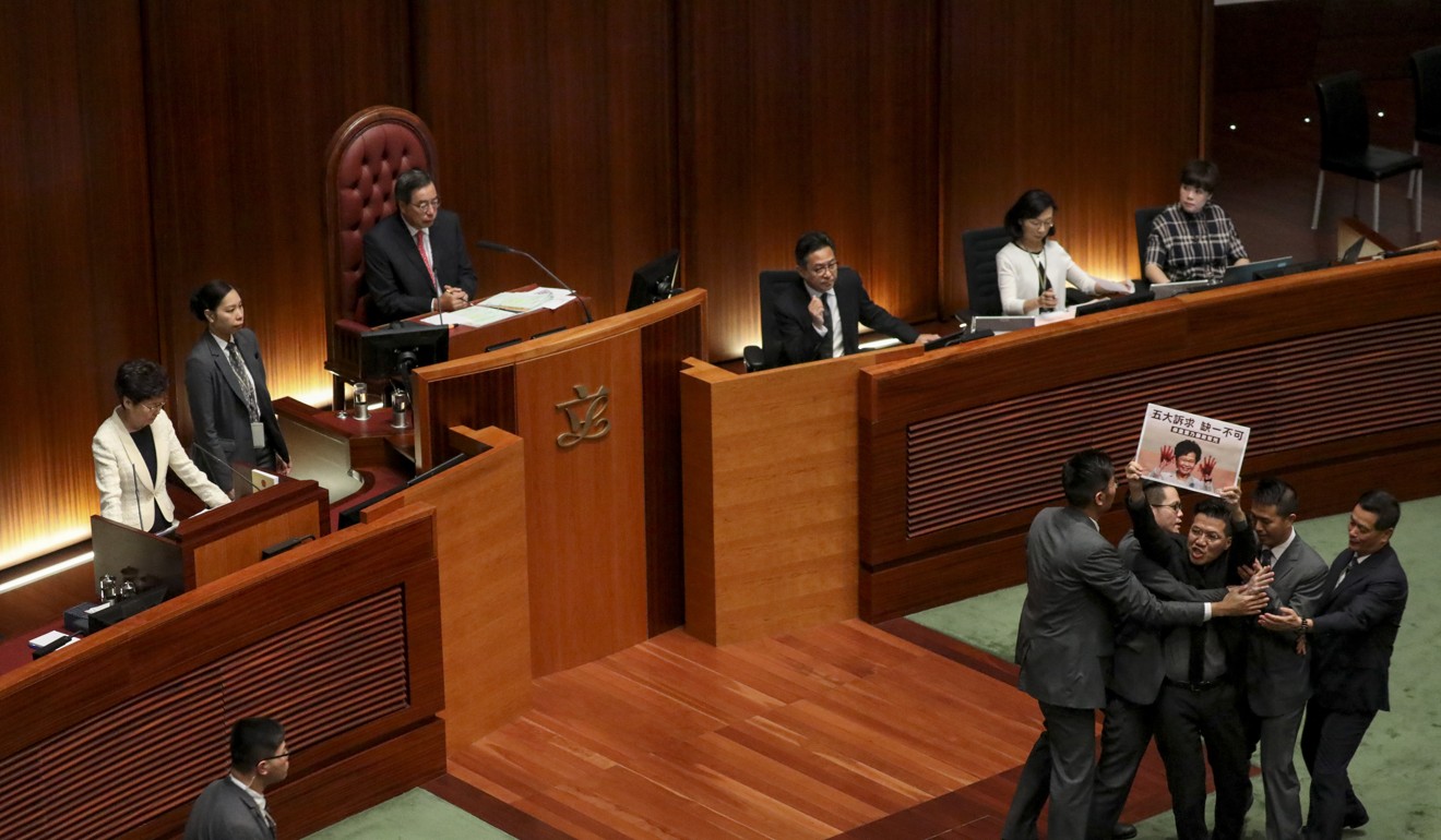 One of several occasions on Thursday when Carrie Lam is interrupted while fielding questions on the policy address she delivered a day earlier. Photo: Nora Tam