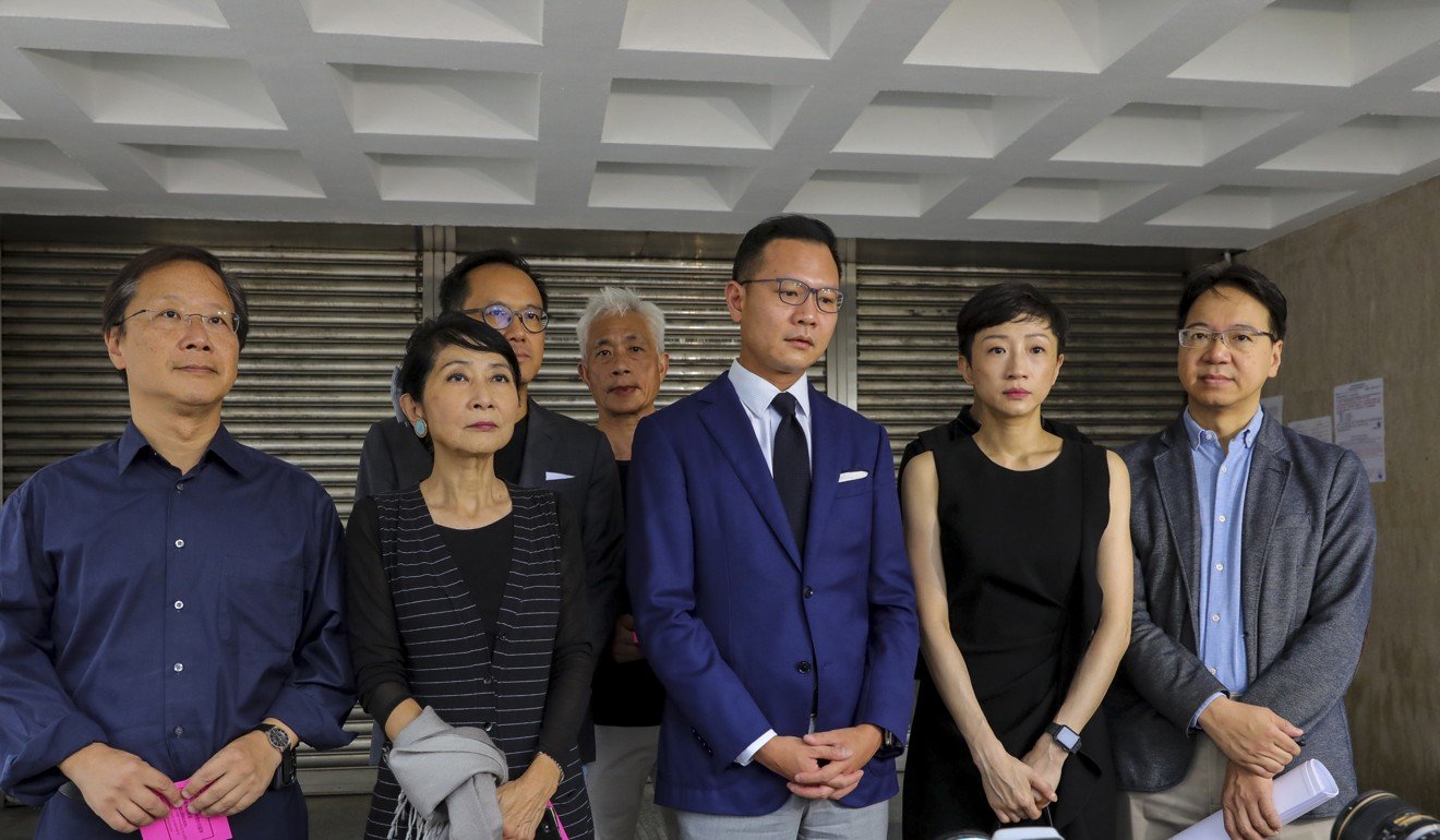 (From left) Pro-democracy lawmakers Kwok Ka-ki, Claudia Mo, Kenneth Leung, Leung Yiu-chung, Dennis Kwok, Tanya Chan and Charles Mok file their application against the mask ban. Photo: May Tse