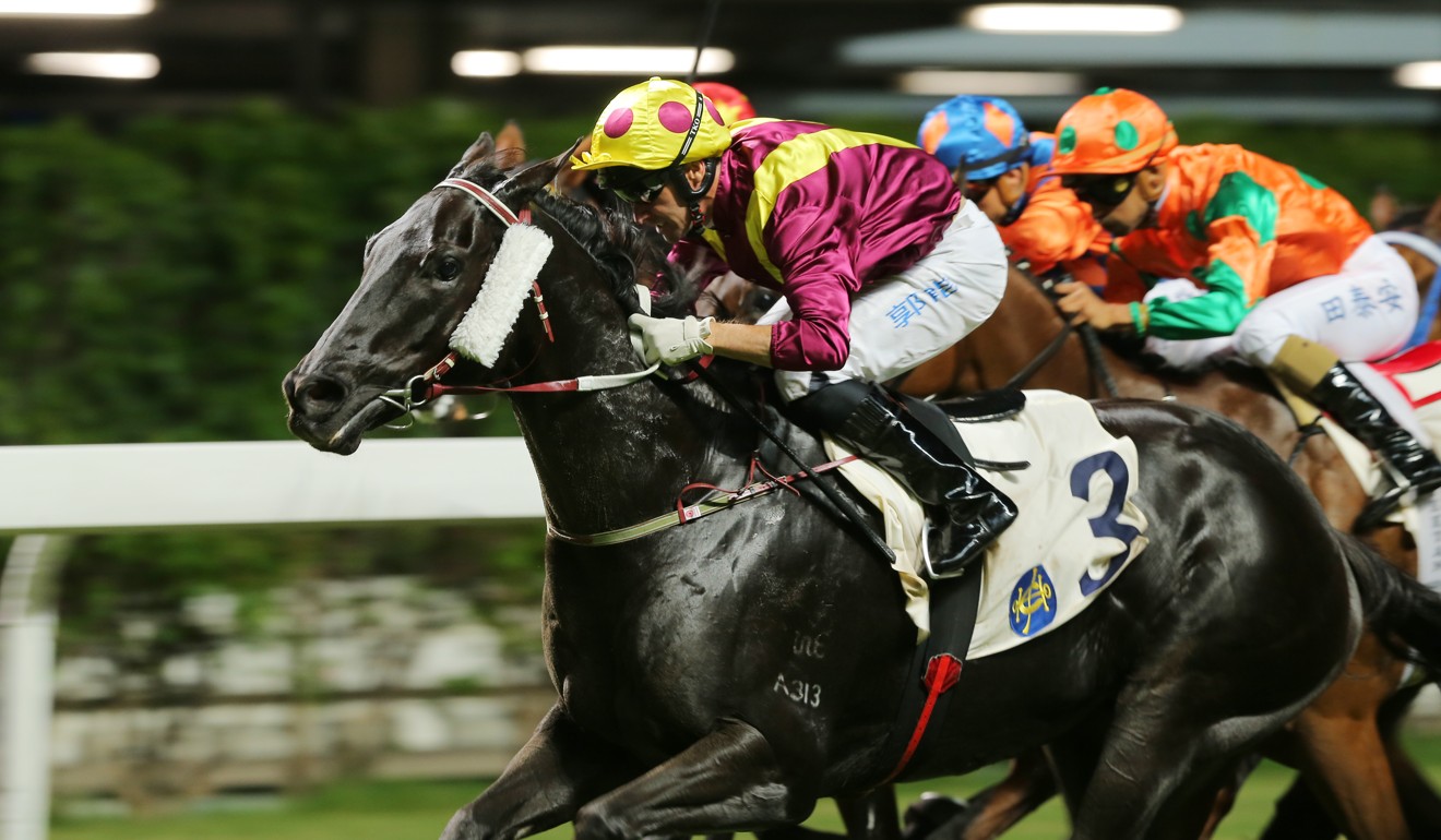 Neil Callan storms home on Happy Warrior to win at Happy Valley.