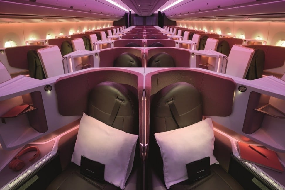 Virgin Atlantic’s new ‘Upper Class’ section is brighter than on the rest of the fleet, with splashes of purple and coral.