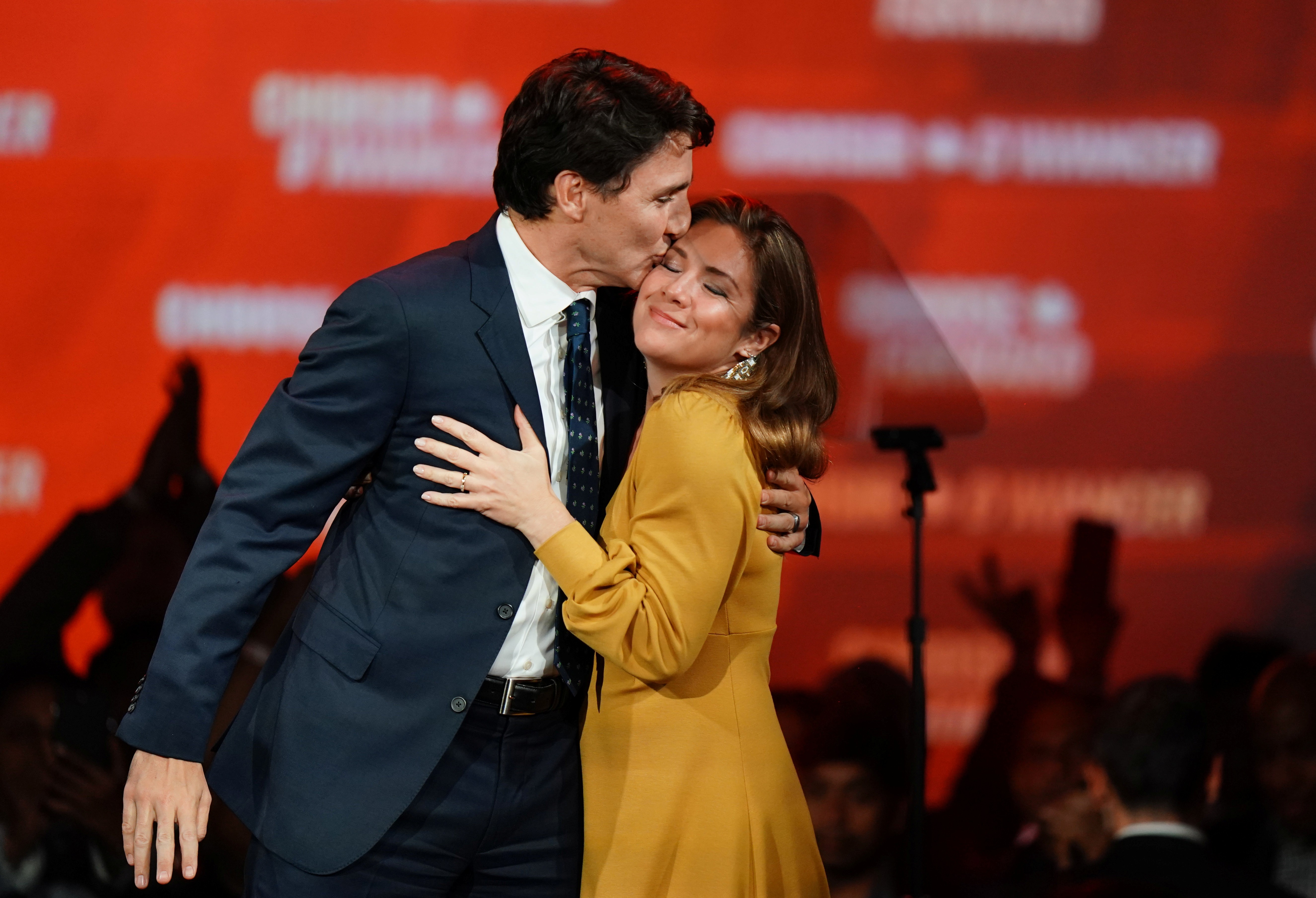 Liberal leader and Canadian Prime Minister Justin Trudeau kisses his wife Sophie Gregoire Trudeau before his victory speech. Photo: Reuters