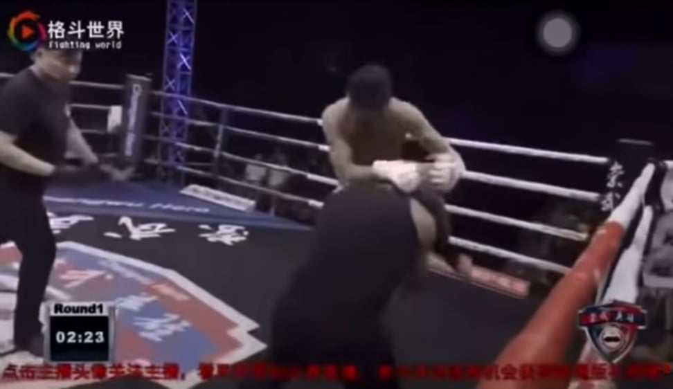 MMA fighter “A Hu” hits wing chun master Ding Hao with Muay Thai knees. Photo: YouTube
