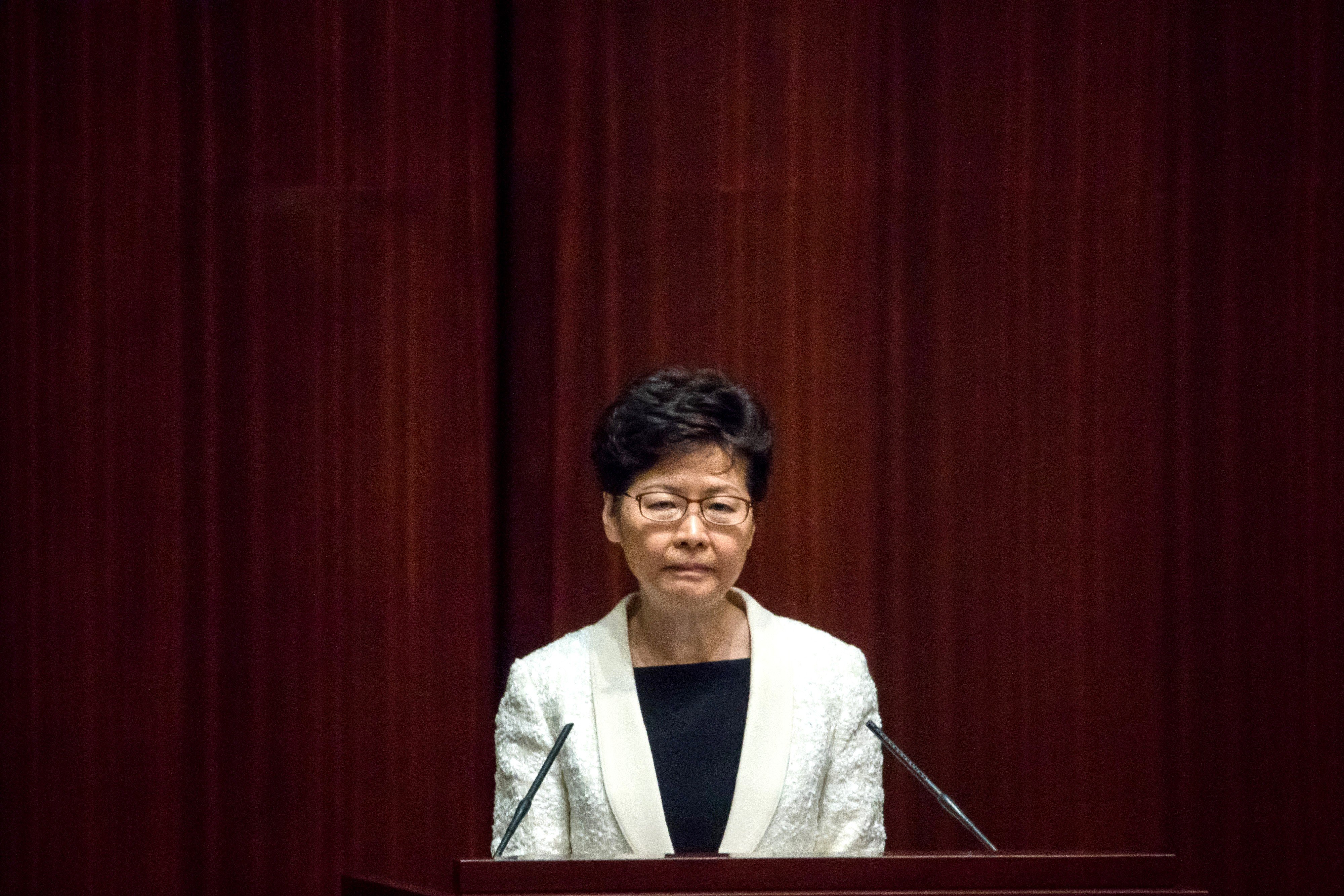 Carrie Lam’s visit to the Legislative Council on October 17 for the chief executive’s question and answer session was cut short after opposition lawmakers shouted her down. Photo: Bloomberg