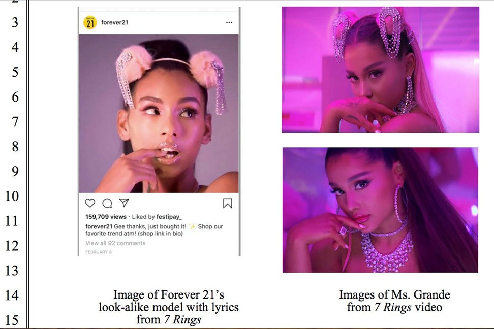 A picture of a model on the Instagram account of fashion retailer Forever 21 is seen alongside images of pop star Ariana Grande in a screenshot of a legal complaint filed in US District Court in Los Angeles, California. Photo: Reuters