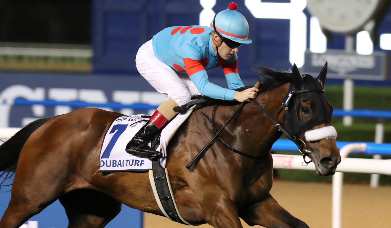 Almond Eye wins the Dubai Turf.