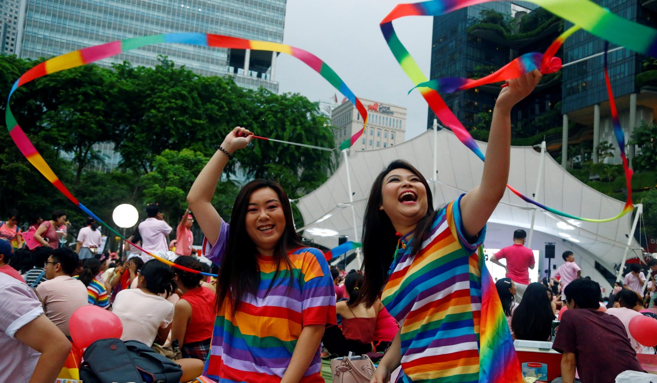 Participants in Pink Dot, an annual event organised in support of the LGBT community, celebrate at Speakers' Corner in Hong Lim Park, Singapore, on June 29. Photo: Reuters