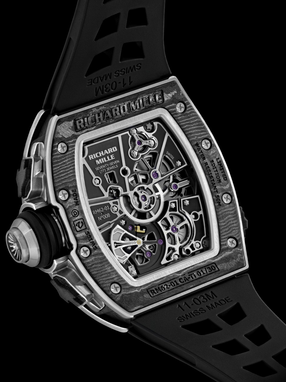 The RM 62-01 Manual Winding Tourbillon vibrating alarm ACJ by Richard Mille is an alarm watch designed to give a silent signal by a vibration.