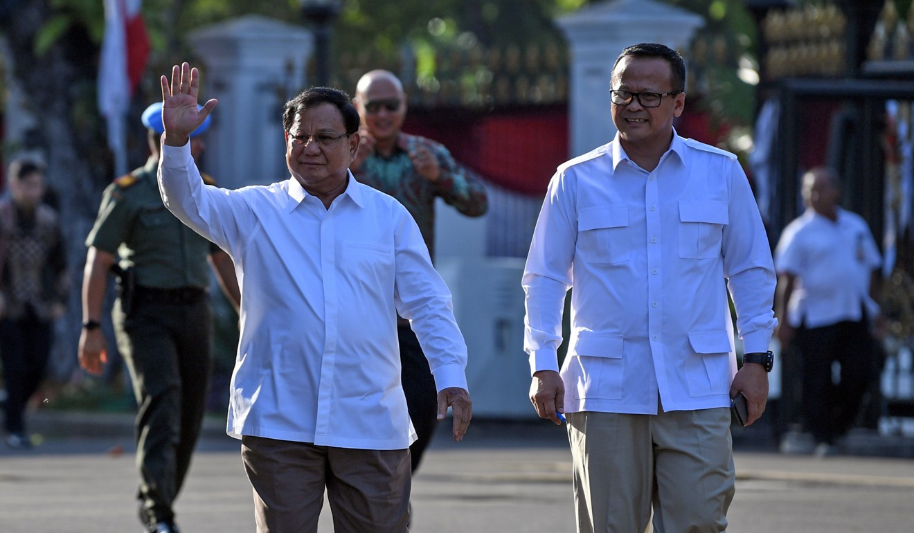 Prabowo Subianto, left, and Edhy Prabowo (no relation) are new members of Joko Widodo’s cabinet. Photo: Antara Foto via Reuters