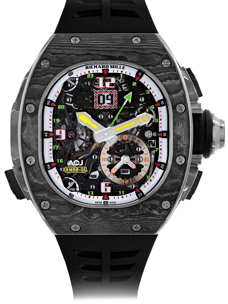 Richard Mille’s RM 62-01 Tourbillon Vibrating AJC is an alarm watch designed to give a silent signal by a vibration.