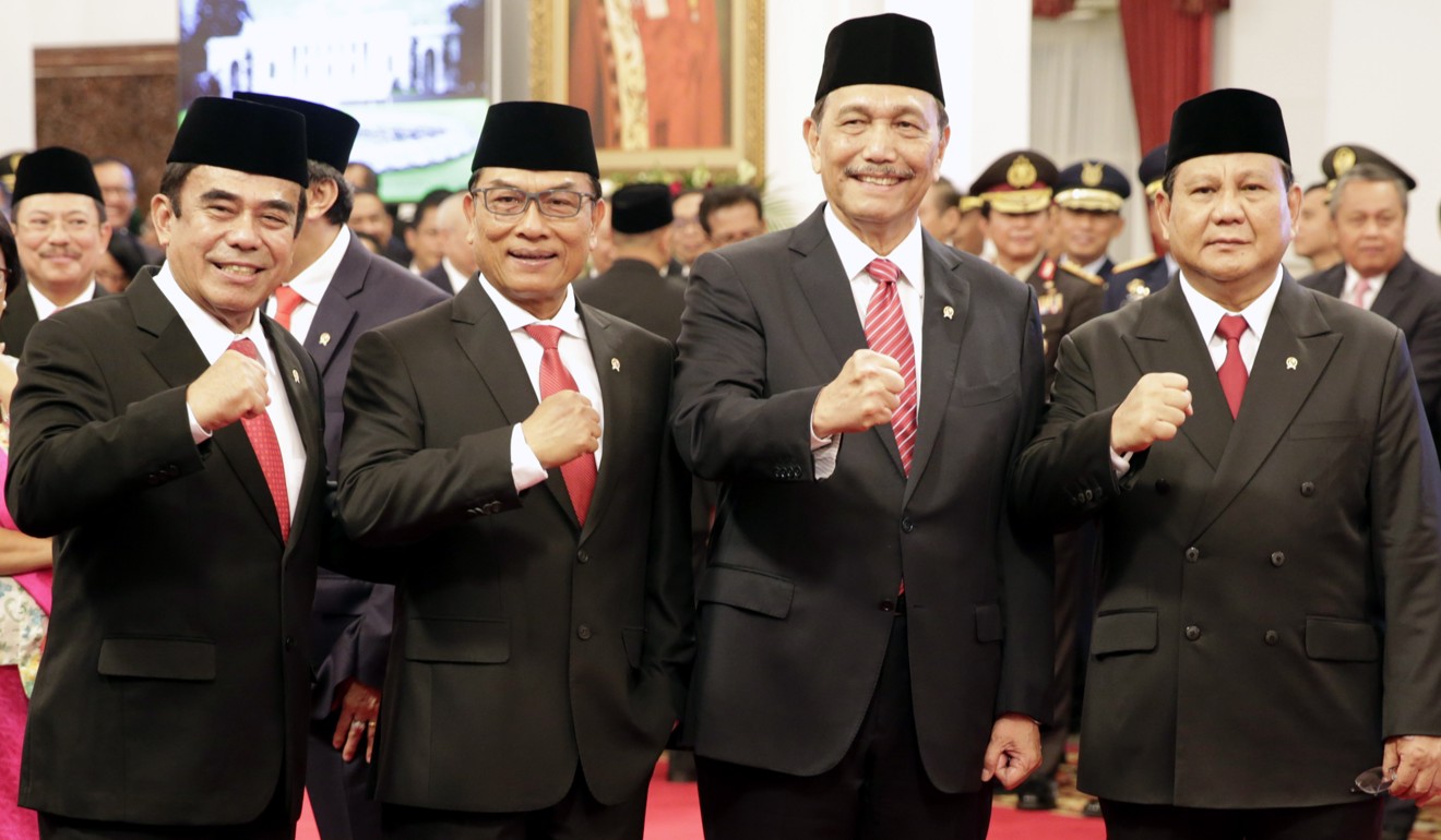 From left, Religious Affairs Minister Fachrul Razi, Presidential chief of Staff Moeldoko, Coordinating Maritime Affairs and Investment Minister Luhut Pandjaitan, and Defence Minister Prabowo Subianto. Photo: EPA-EFE