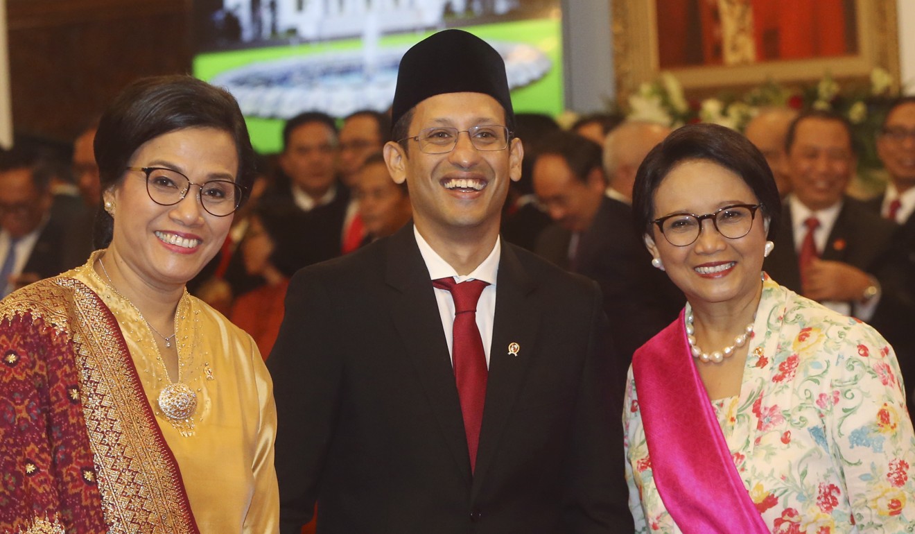 From left, Finance Minister Sri Mulyani Indrawati, Culture and Education Minister Nadiem Makarim, and Foreign Minister Retno Marsudi. Photo: AP