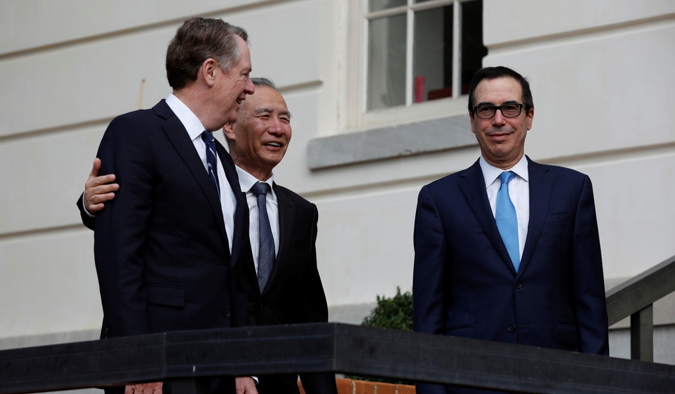 Chinese Vice-Premier Liu He (centre), US Trade Representative Robert Lighthizer (left) and Treasury Secretary Steve Mnuchin. Photo: Reuters