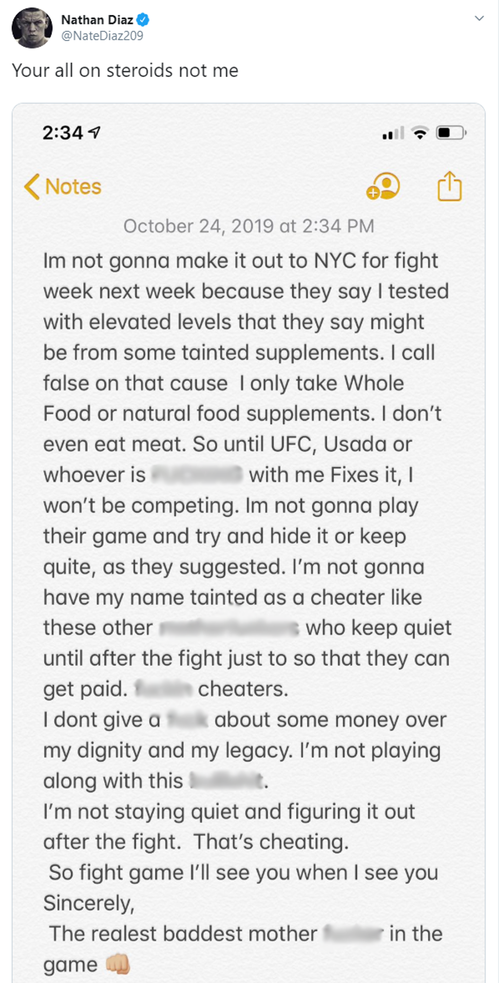Nate Diaz takes to Twitter to say he is not going to fight at UFC 244 in NYC.