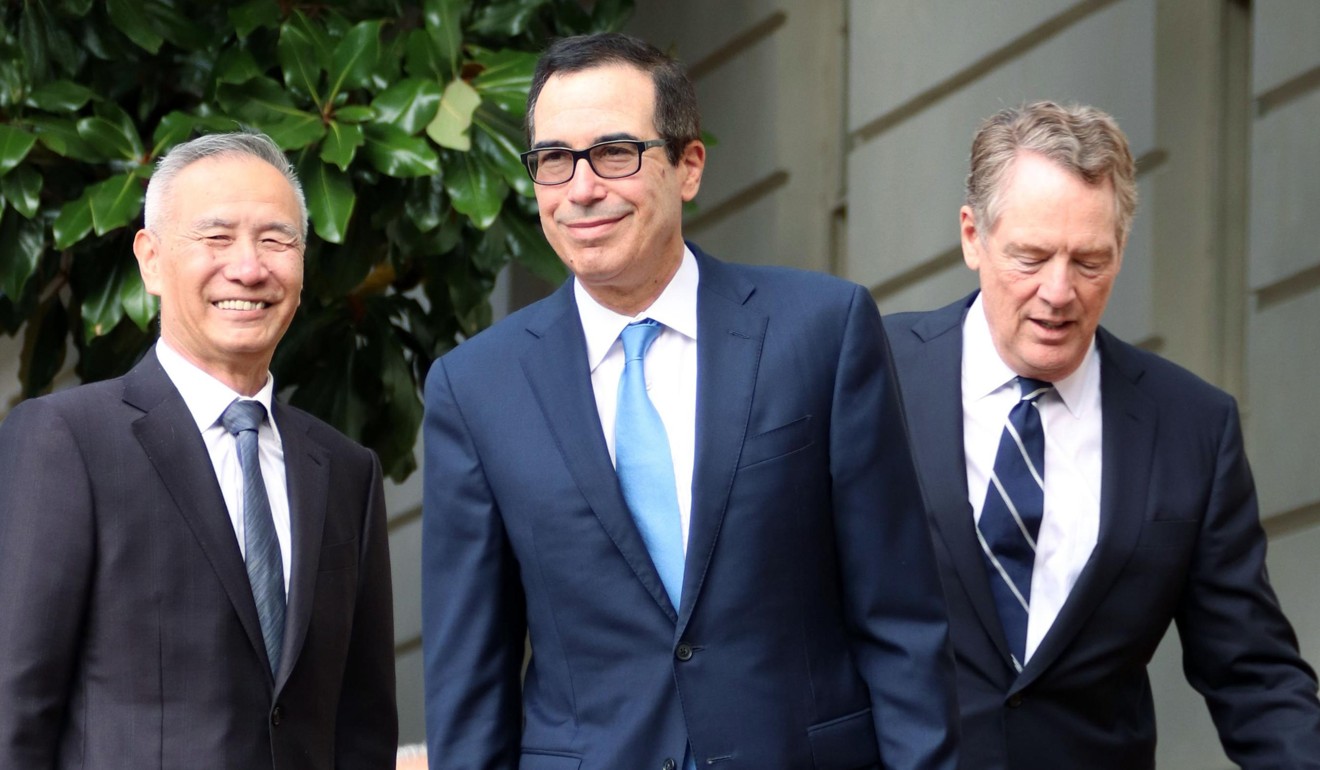 (From left) Chinese Vice-Premier Liu He, US Treasury Secretary Steven Mnuchin and US Trade Representative Robert Lighthizer in Washington on October 10, before their trade talks. Photo: Kyodo