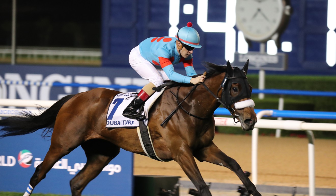 Almond Eye, ridden by Christophe Lemaire wins in Dubai earlier this year.