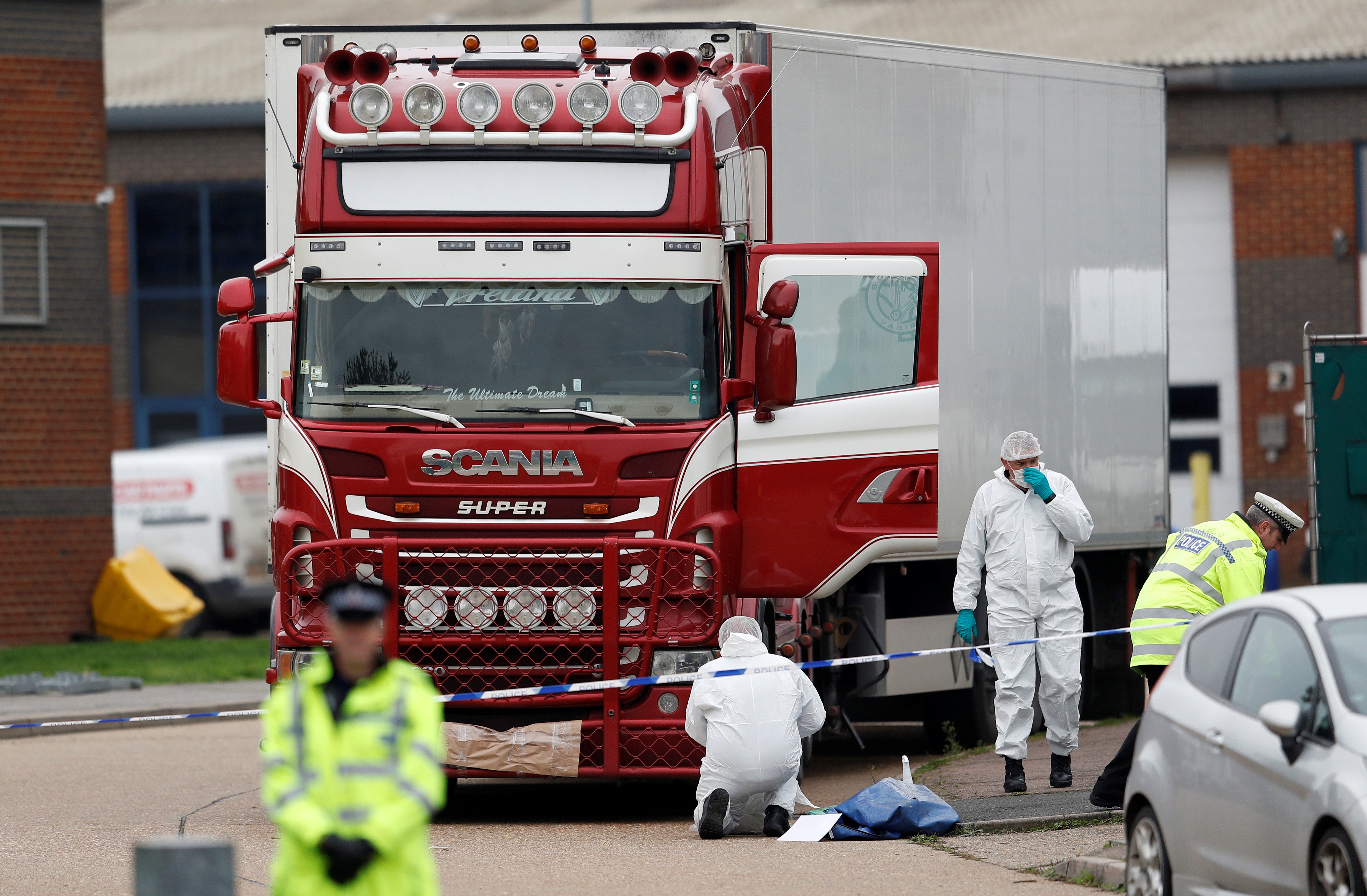 Police at the scene where 39 bodies were discovered in a lorry container, in Essex, Britain. Photo: Reuters