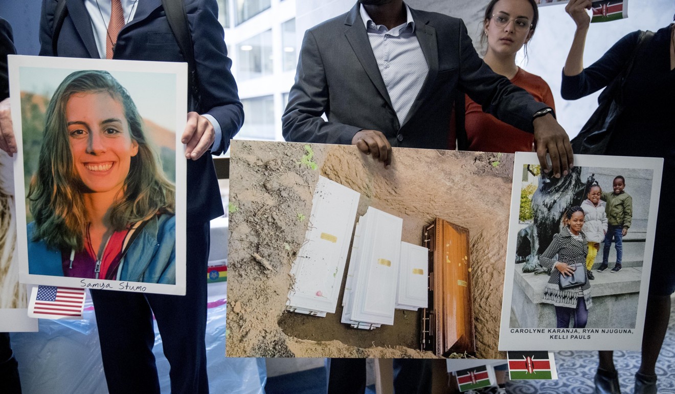 Family members arrive with photos of those killed in Ethiopian Airlines Flight 302 and Lion Air Flight 610 before a Senate hearing in Washington on Tuesday. Photo: AP
