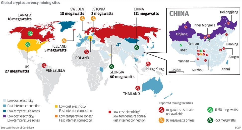 Global cryptocurrency mining sites. SCMP Graphics