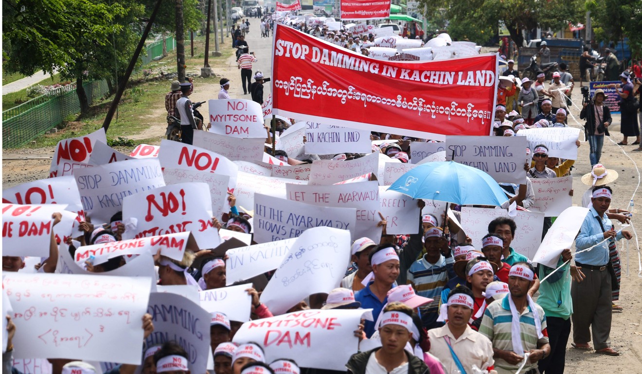 People in Waimaw, Kachin State, protest against the Myitsone dam project. Photo: AFP