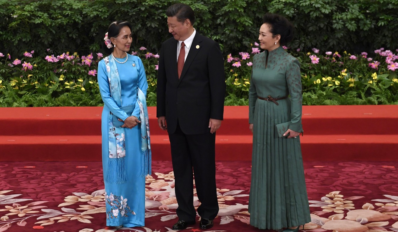 Myanmar’s State Counsellor Aung San Suu Kyi with Chinese President Xi Jinping and his wife Peng Liyuan in Beijing in 2017. Photo: AP