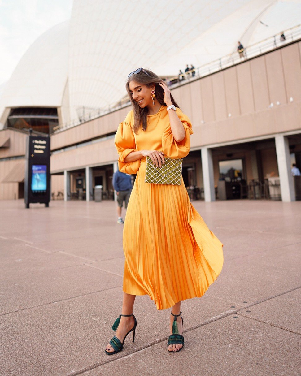 Australian fashion writer and social media influencer Alexia Petsinis in a dress by Nicola Finetti.