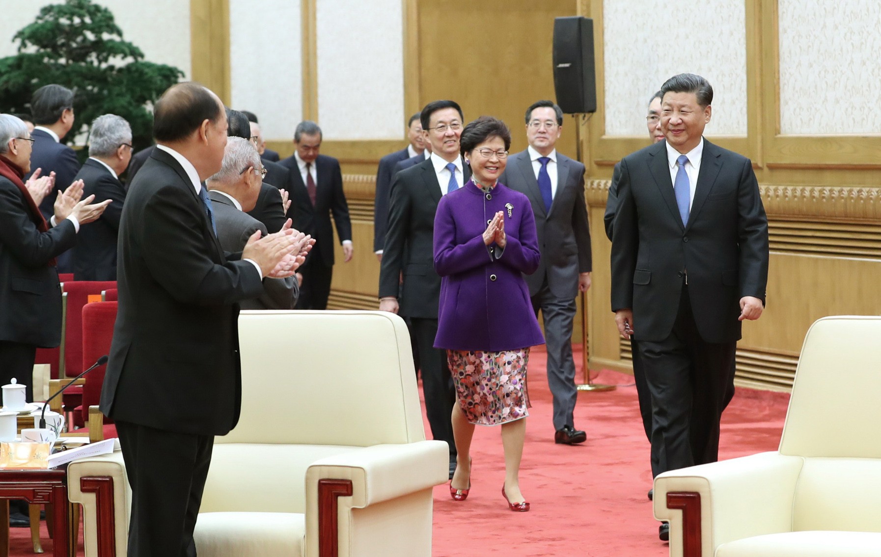 Chief Executive Carrie Lam leads the way for delegates from Hong Kong and Macau, as Chinese President Xi Jinping meets representatives from the two special administrative regions, in Beijing in November 2018. Photo: Xinhua