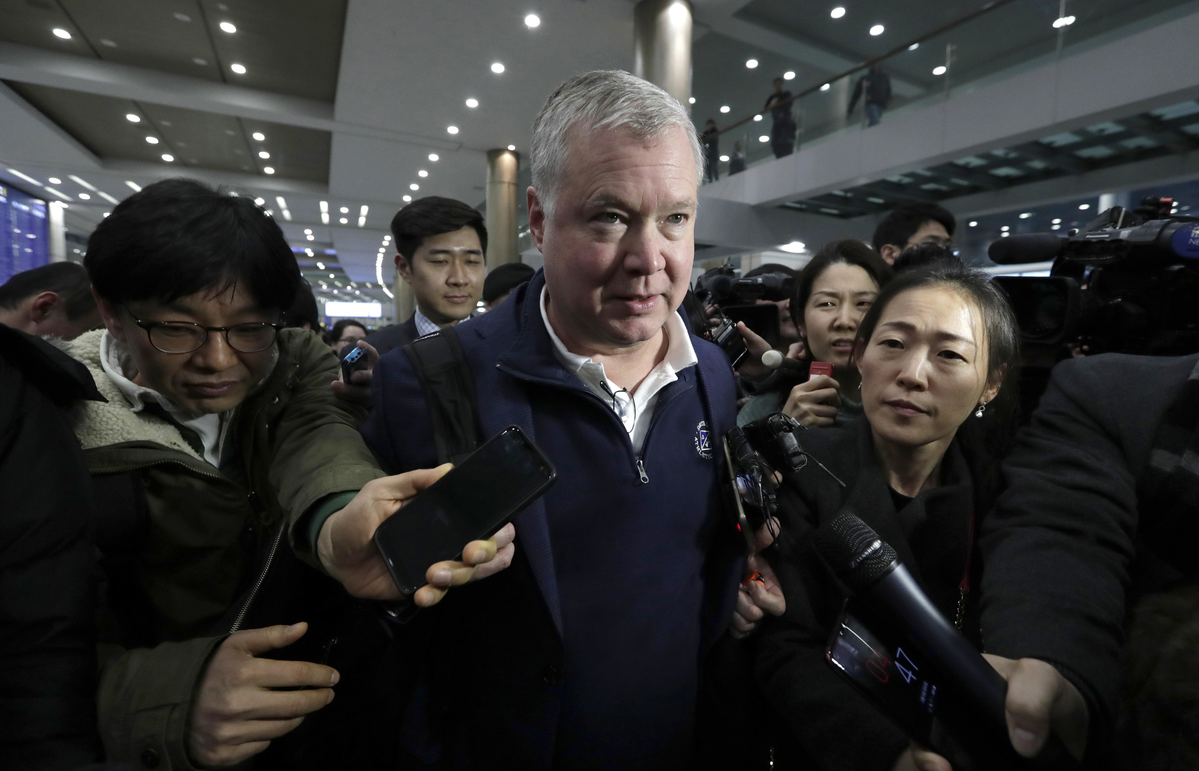 US Special Representative for North Korea Stephen Biegun is questioned by reporters upon his arrival at Incheon International Airport in South Korea in February. Photo: AP