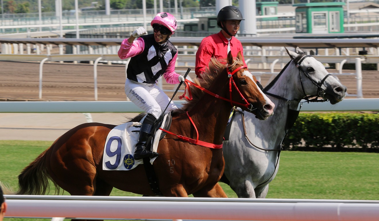 Joao Moreira celebrates after winning on Beauty Applause at Sha Tin on Sunday.