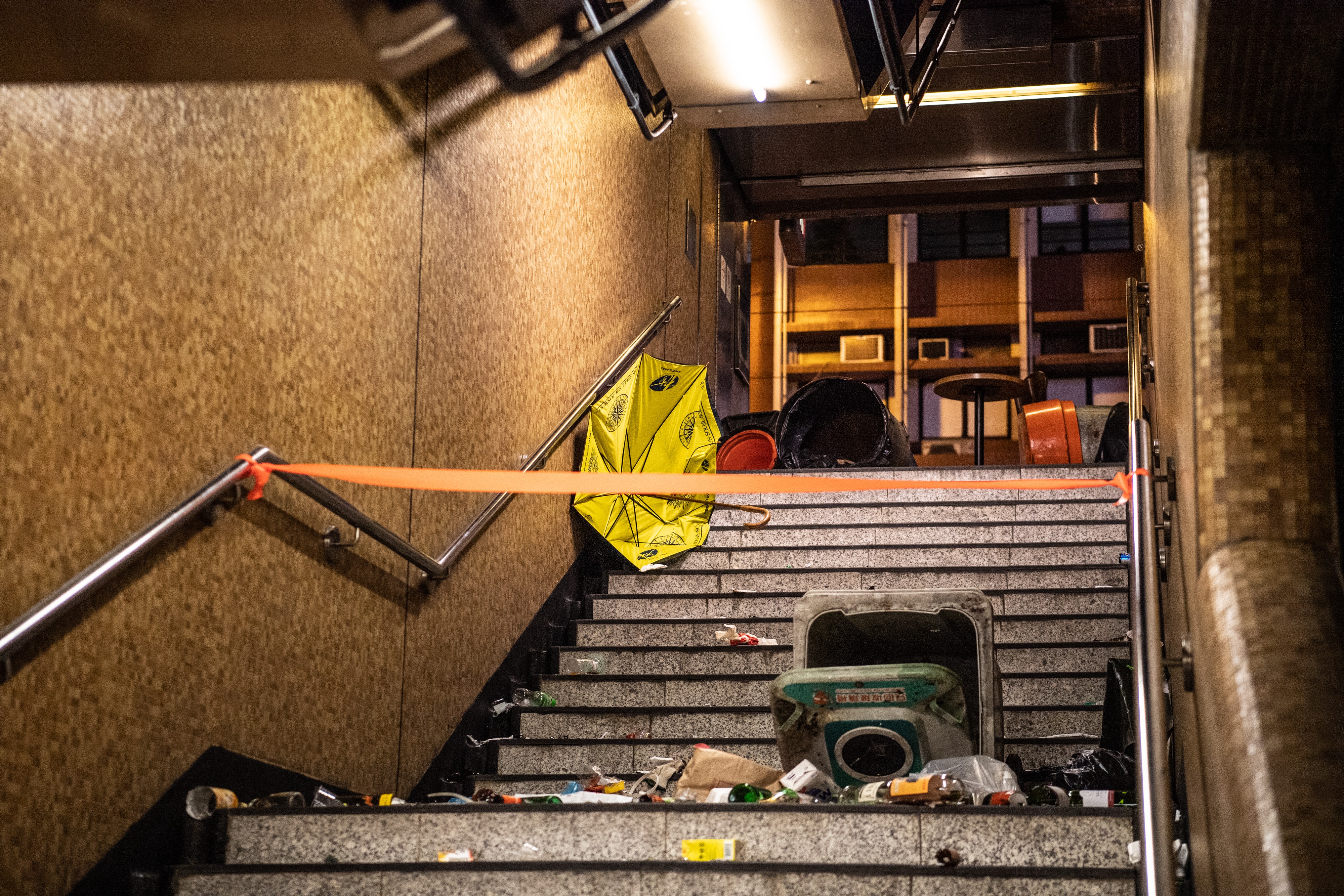 Garbage and debris lie at a blockaded entrance to Sheung Wan MTR station on November 2. Photo: Bloomberg