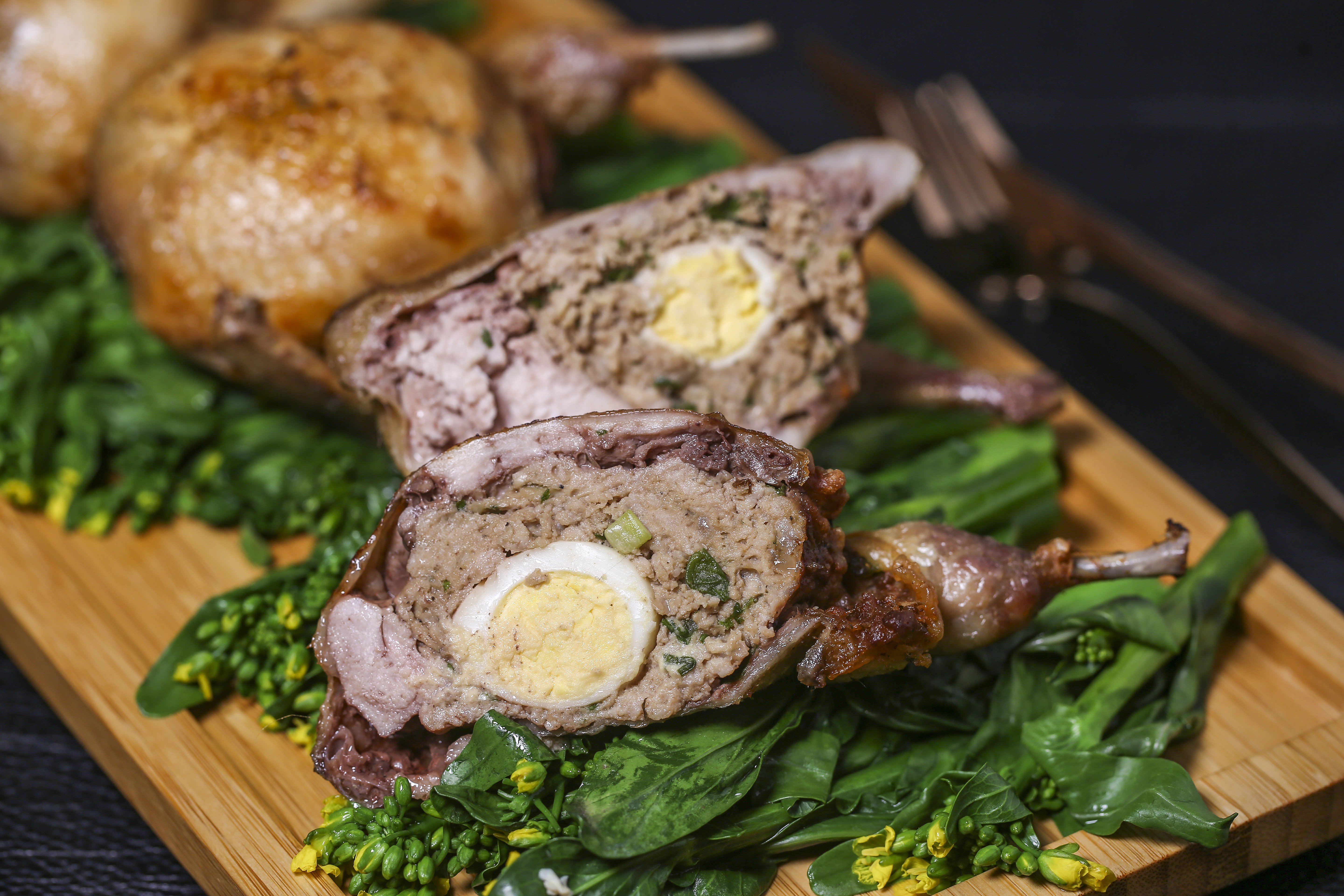 Susan Jung’s tunnel-boned quails with Chinese sausage stuffing and quail eggs. Photography: Jonathan Wong. Styling: Nellie Ming Lee