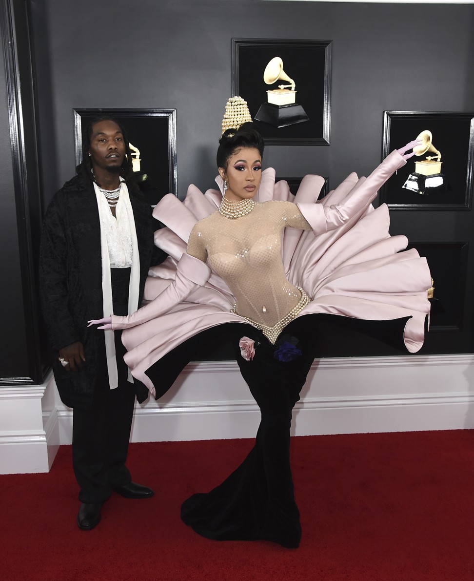 Cardi B arrives at the 61st annual Grammy Awards, in 2019 – wearing Mugler’s oyster shell-inspired Venus crinoline sheath gown, which dated from 1995. Photo: Invision/AP