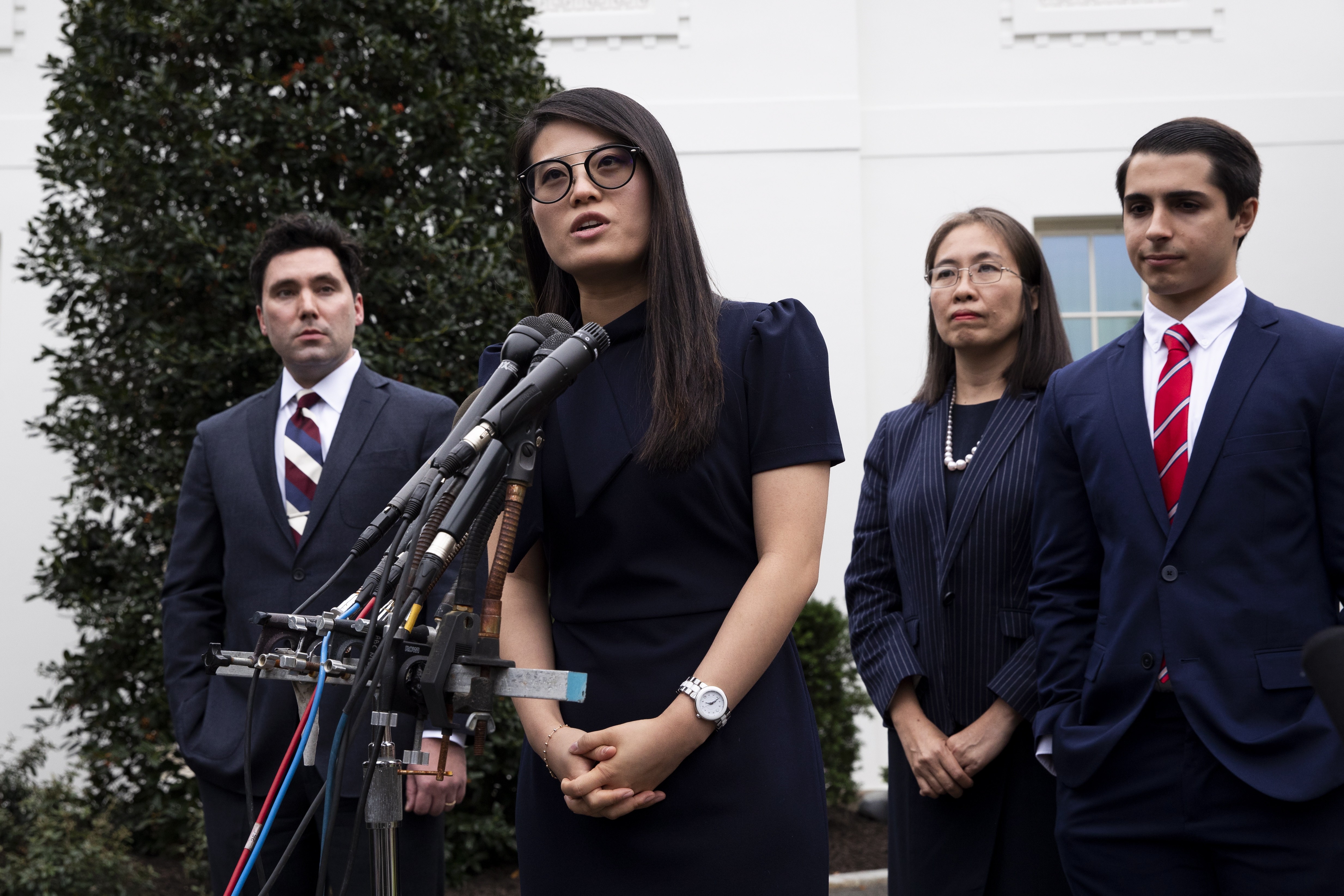 Grace Jo (centre), who was born in North Korea, speaks to the media outside the White House after a meeting with US President Donald Trump on Thursday. Photo: EPA-EFE