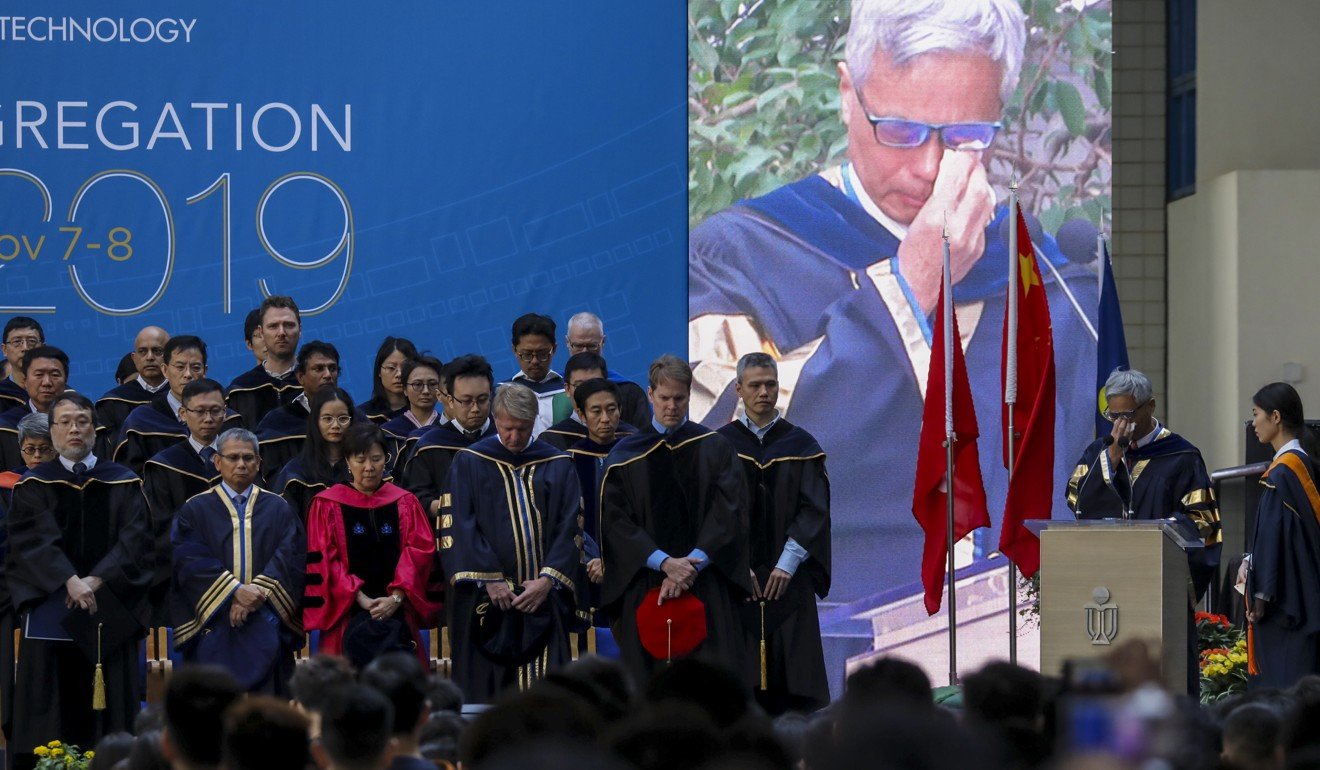 Wei Shyy, HKUST president, wipes away tears at news of the student’s death. Photo: Dickson Lee