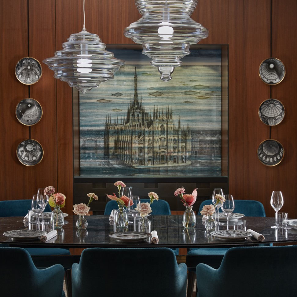 The private dining room, inspired by Piero Fornasetti’s Duomo Sommerso, seats eight.