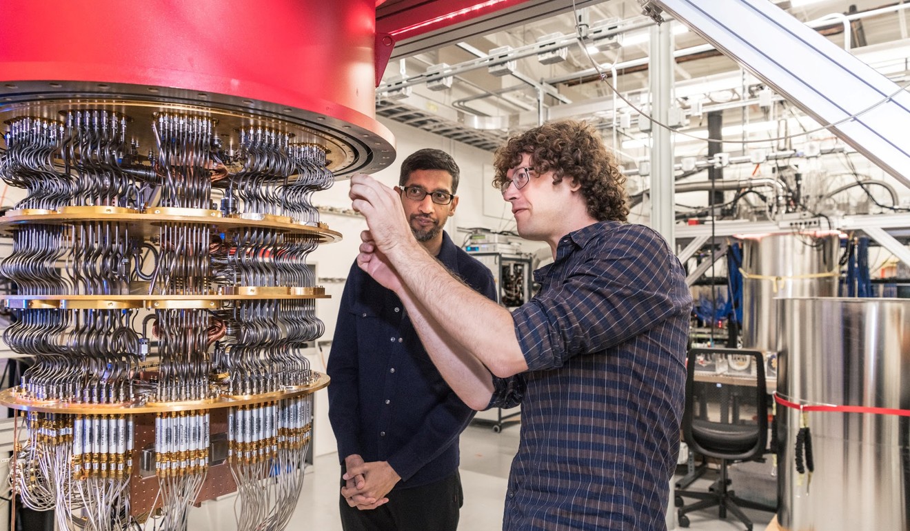 Google CEO Sundar Pichai and AI research scientist Daniel Sank inspect one of the company’s quantum computers in Santa Barbara, California. Google announced last month that its 53-bit quantum computer performed a calculation in 200 seconds that would take the world’s fastest supercomputer 10,000 years to perform. Photo: Google/Reuters