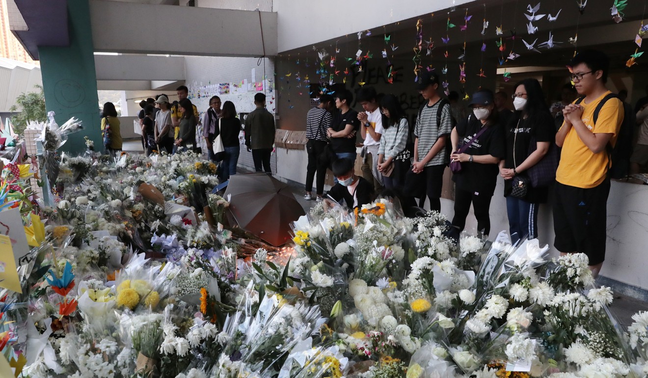 Flowers are laid in the Tseung Kwan O car park where Chow Tsz-lok fell. Photo: Edmond So